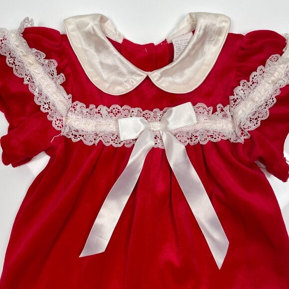 Vintage 80s & 90s Toddler Soft Velvet Bubble Jumpsuit with collar, bow, and lace - Picture 5 of 11